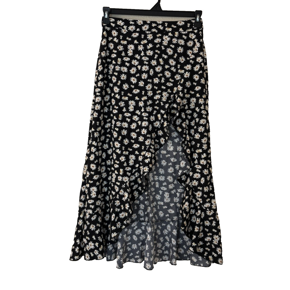 SHEIN Black Floral Side Ruffled Slit Maxi Skirt Y2K Fairy Feminine, Size Small